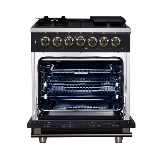 Forno Massimo 30-Inch Freestanding Dual Fuel Range in Black with Antique Brass Accessories, 4 Burners, 4.32 cu. ft. Convection Oven