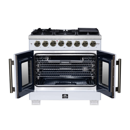 Forno Capriasca 36 Inch Freestanding French Door Dual Fuel Range in White with Antique Brass Accessories, 6 Burners, True Convection Oven - Forno Appliances