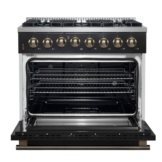Forno Galiano 36-inch Dual Fuel Range in Black & Antique Brass Design, 6 Sealed Burners 83,000 BTU, 5.36 cu.ft. True Convection Oven - Forno Appliances