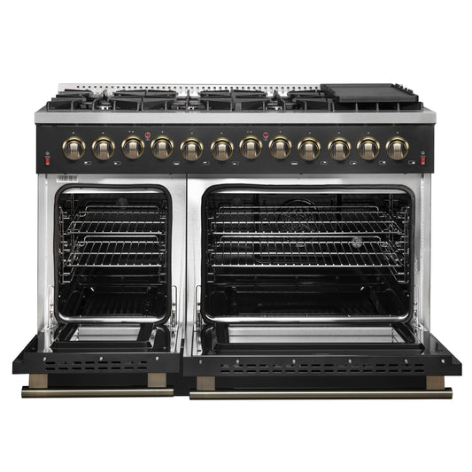Galiano 48-inch Dual Fuel Range Black & Antique Brass Design with 8 Sealed Burners 107,000 BTU, 6.58 cu. ft. double ovens & Griddle - Forno Appliances
