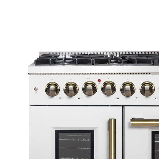 Forno Galiano 48-inch French Door Dual Fuel Range, White & Antique Brass Design, 8 Sealed Burners - 107,000 BTU, Griddle, 6.58 cu.ft. Double Ovens - Forno Appliances