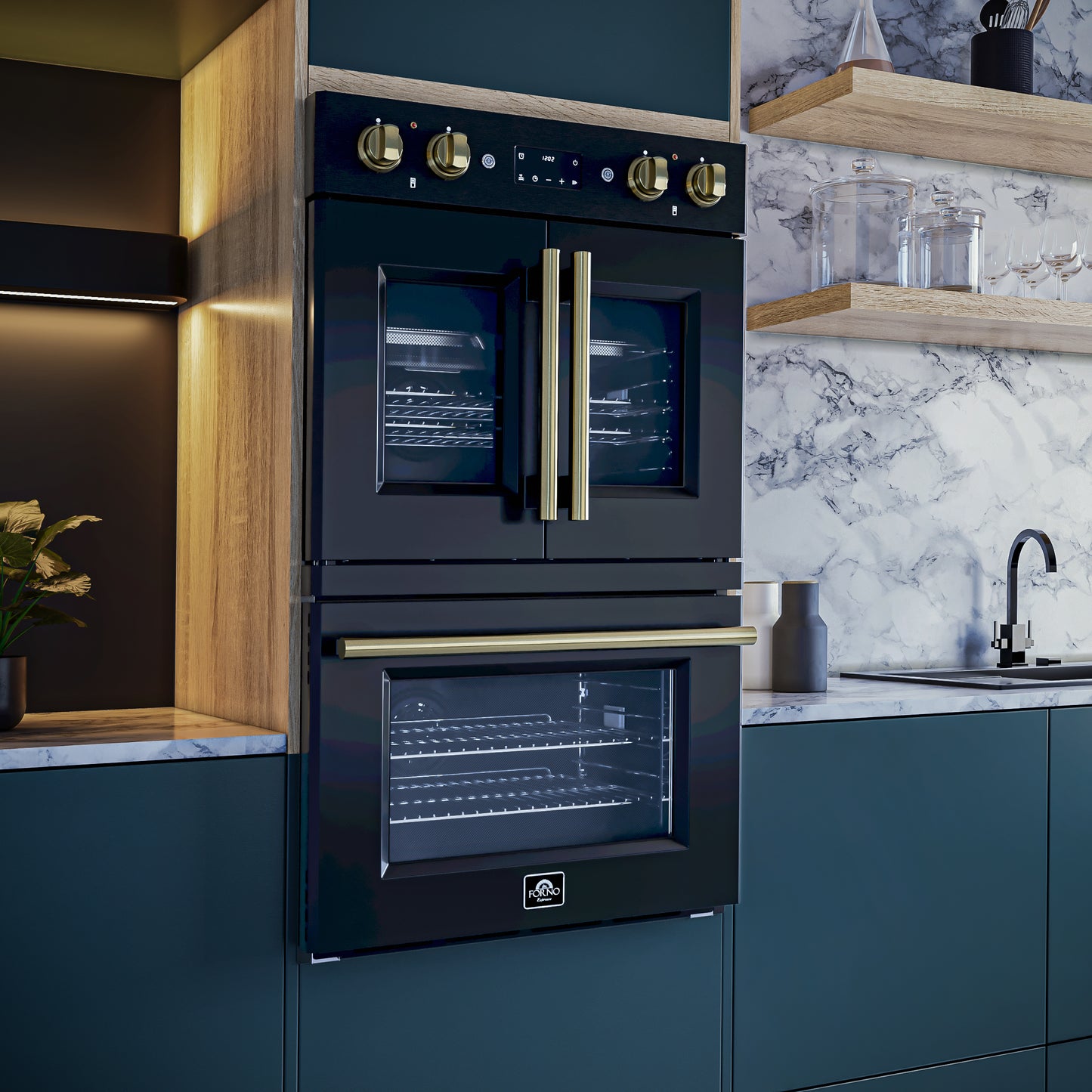 Forno Asti 30-Inch Double Electric Wall Oven with Upper French Doors in Black & Antique Brass, 7.36 cu. ft. Dual True Convection, 7,200W, Air Fry, Sous Vide, Self-Clean - Forno Appliances