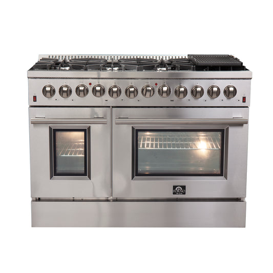 FORNO Premium 3-Piece Kitchen Bundle - FORNO Galiano 48" Freestanding Dual Fuel Range, FORNO Maderno 60" 2-Piece Convertible Refrigerator/Freezer Built-In with Decorative Grill Trim, 27.2 cu.ft., FORNO Orvieto 48" Wall Mount Range Hood - FBDL-017-04CAUS - Forno Appliances