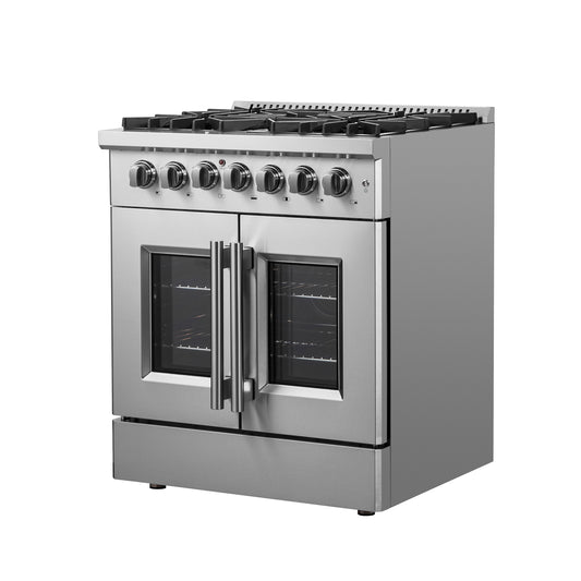 Forno Galiano 30-inch French Door Dual Fuel Range All Stainless Steel, 5 Sealed Burners 68,000 BTU, 4.32 cu.ft. True Convection Oven - Forno Appliances