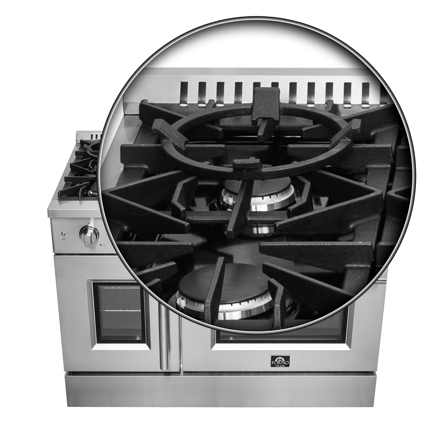 Forno Galiano Cuisinière à gaz autoportante à porte française de 48 pouces, 8 brûleurs, plaque chauffante, four à convection, économe en énergie
