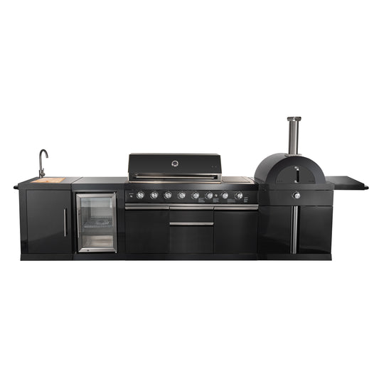 Forno All’Aperto 87,600 BTU Outdoor Kitchen, 4 Burners, Infrared Burners, Side Burner, Black Sintered Stone Countertops, Gas Pizza Oven, Sink Module, Bar & Beverage Center - Forno Appliances