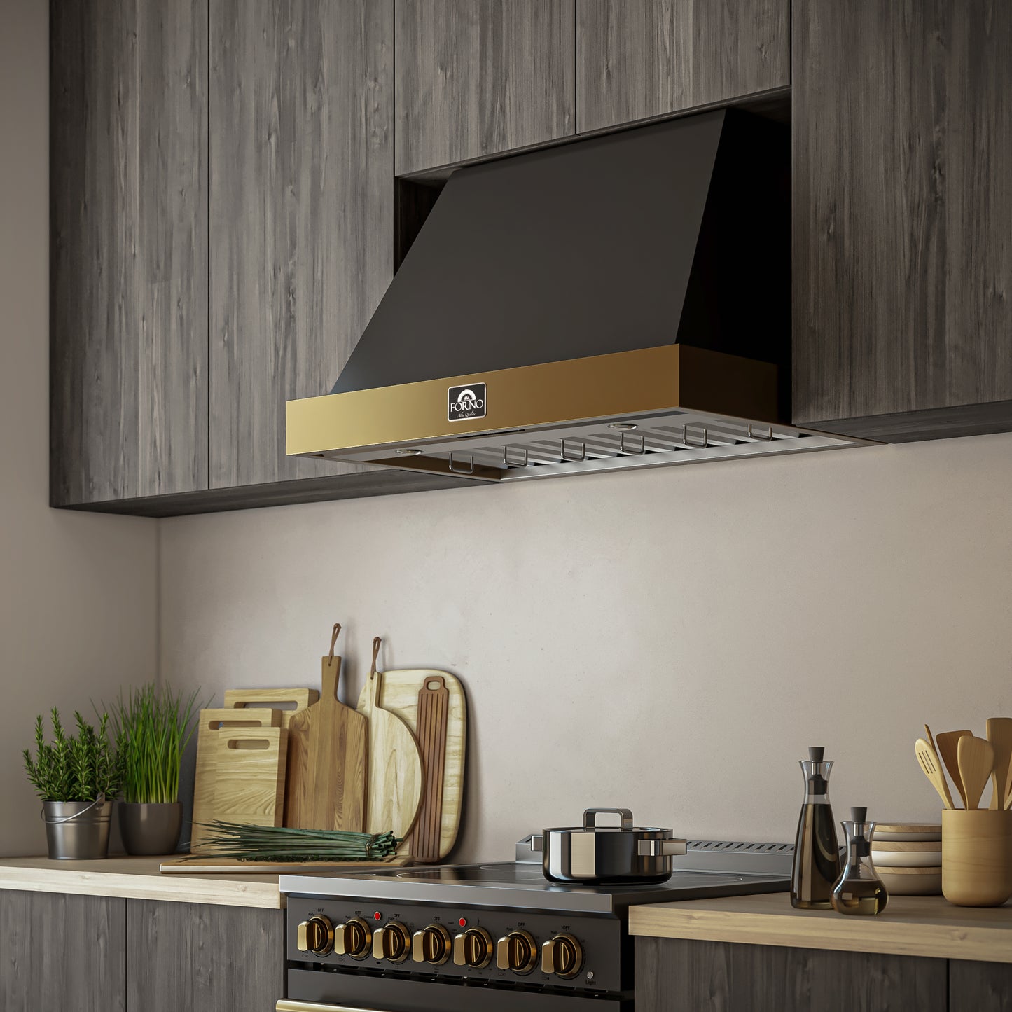 Forno Vittorio 36-Inch Wall Mount Range Hood, Black with Antique Brass Trim, 424 CFM Airflow, Dishwasher-Safe Baffle Filters, Remote Control, 3-Speed Fan, Bright LED Lighting. - Forno Appliances