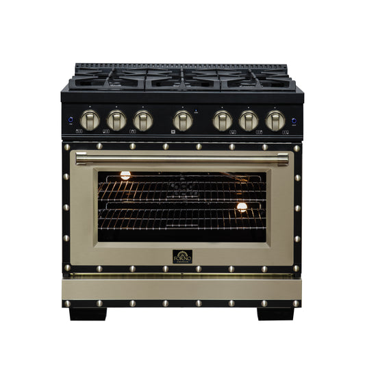 Valente 36" Gas Range in Black, 6 Sealed Burnes, 71 000 BTU Cooktop Output , 5.2 Cu.Ft. convection Oven, Telescopic Racks - Forno Appliances