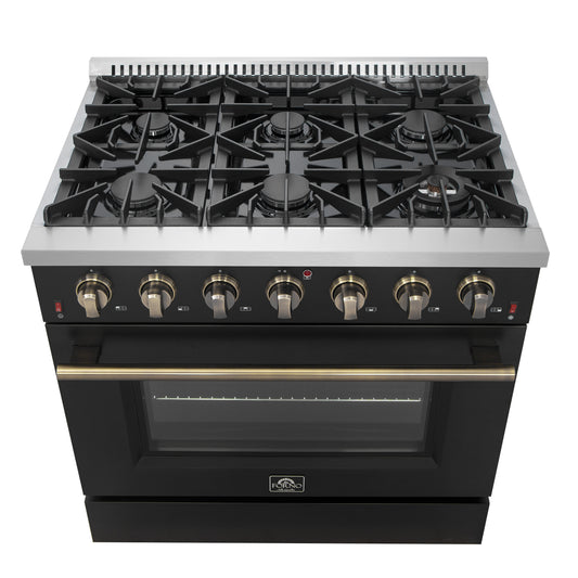 Forno Galiano 36-inch Freestanding Gas Range in Black with Antique Brass Design, 6 Burners, 83,000 BTU, 5.36 cu.ft. Convection Oven - Forno Appliances