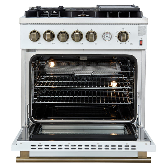 Giovanni 30-inch Gas Range White & Antique Brass Design, 5 Burners 67,000 BTU, 4.32 cu.ft. Convection Oven - Forno Appliances