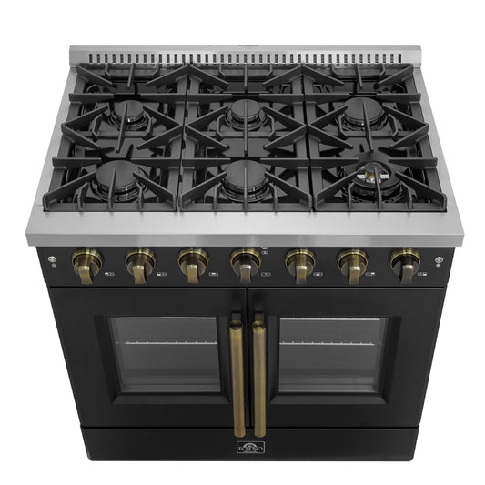 Forno Galiano 36-inch French Door Gas Range Black and Antique Brass Design, 6 Sealed Burners 83,000 BTU, 5.36 cu.ft. Convection Oven - Forno Appliances
