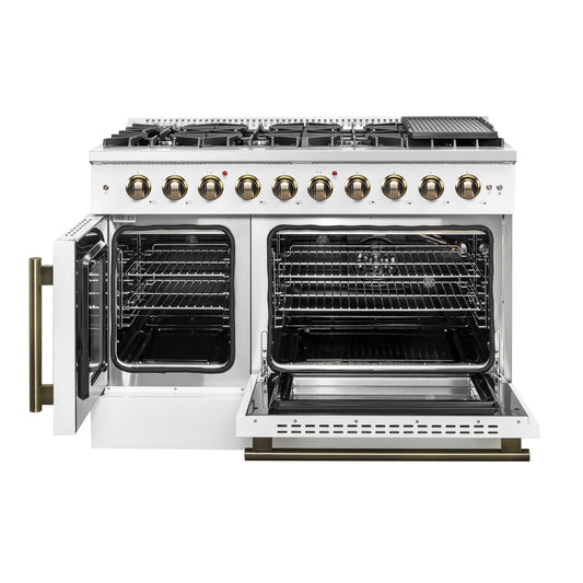 Forno Galiano 48-Inch Freestanding French Door Gas Range, White & Antique Brass - Forno Appliances