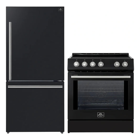 FORNO 2-Piece Black Kitchen Bundle - 30" Induction Range and 31" Bottom Freezer Refrigerator - Forno Appliances