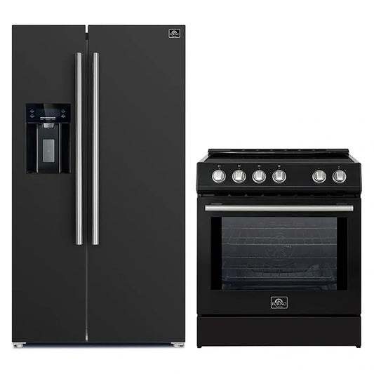 FORNO 2-Piece Black Kitchen Bundle - 30" Induction Range and 36" Bottom Freezer Refrigerator - Forno Appliances