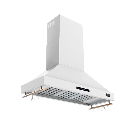 Forno Venezia 48 Inch Wall-Mounted Range Hood in White with Antique Brass Accessories, Touch Controls and Baffle Filters - Forno Appliances