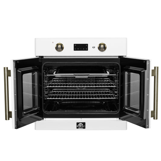 Forno Asti 30-Inch French Door Electric Wall Oven in White & Antique Brass, 3.68 cu. ft. True Convection, 3,600W, Air Fry, Sous Vide, Self-Clean - Forno Appliances