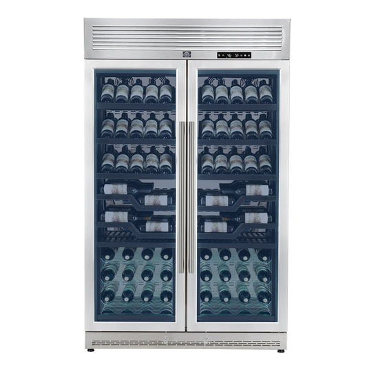 FORNO Abruzzo 48-Inch Dual Zones Wine Cellar, 102 Bottles, 24 cu. ft., Green Acrylic Holders & Black Shelves - Forno Appliances