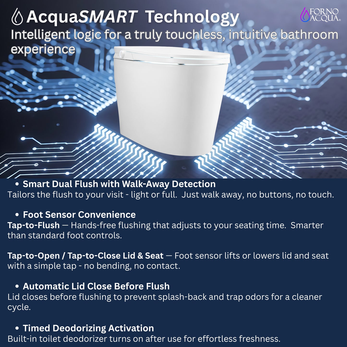 FORNO ACQUA Luxurious Smart Toilet. Includes Auto Flush, Auto Lid, Powerful Flush, sleek tankless design Ideal for Powder Rooms. - Forno Appliances