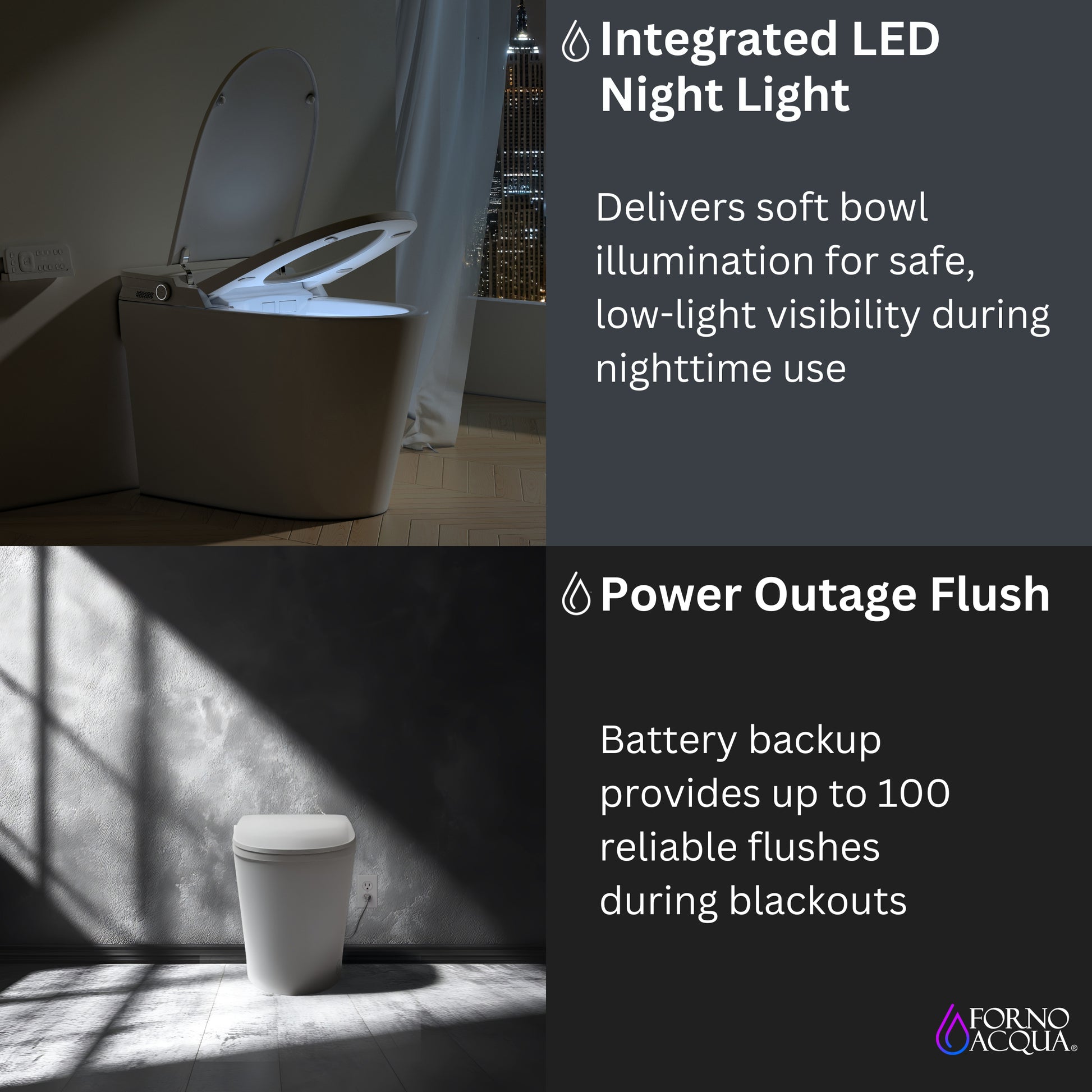 FORNO ACQUA Luxurious Smart Toilet. Includes Auto Flush, Auto Lid, Powerful Flush, sleek tankless design Ideal for Powder Rooms. - Forno Appliances