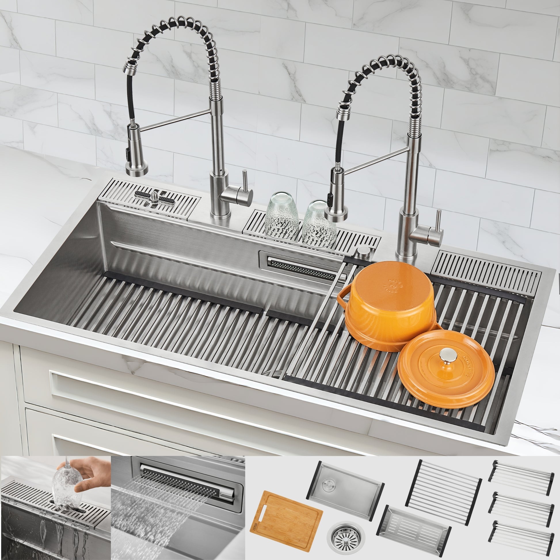 FORNO ACQUA 45 in. Drop-In/Undermount 3-Level Workstation Sink with Two Faucets & Glass Rinser - Forno Appliances