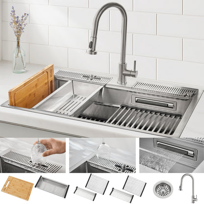 FORNO ACQUA 33 in. Drop-In/Undermount 3-Level Workstation Sink with Faucet, Waterfall & Glass Rinser - Forno Appliances