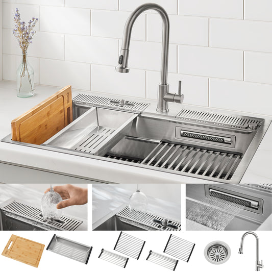 FORNO ACQUA 33 in. Drop-In/Undermount 3-Level Workstation Sink with Faucet, Waterfall & Glass Rinser - Forno Appliances