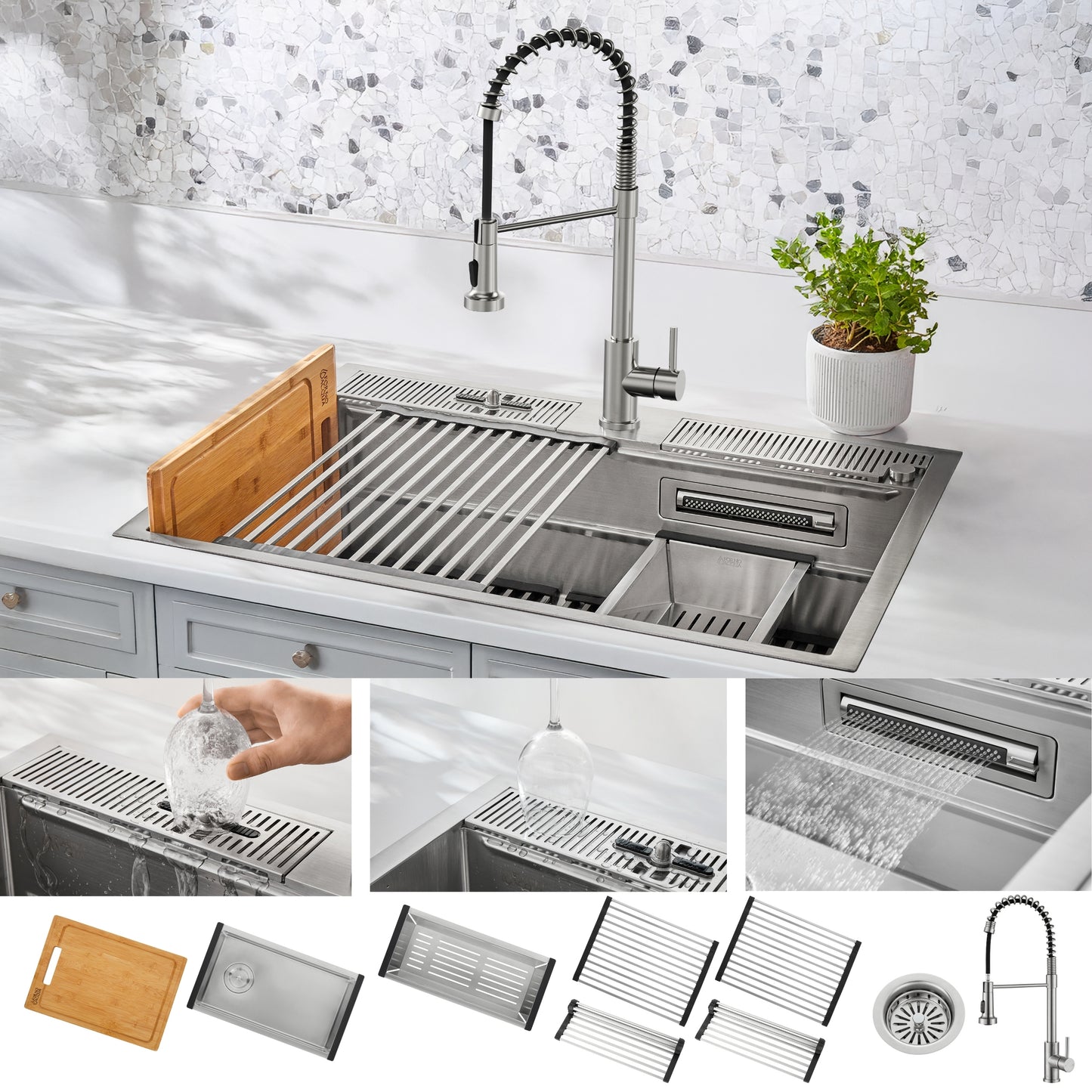 FORNO ACQUA MultiSINK kit with Integrated Waterfall Rinsing and Glass Washing Station.  Includes Chef Faucet and Accessories. - Forno Appliances