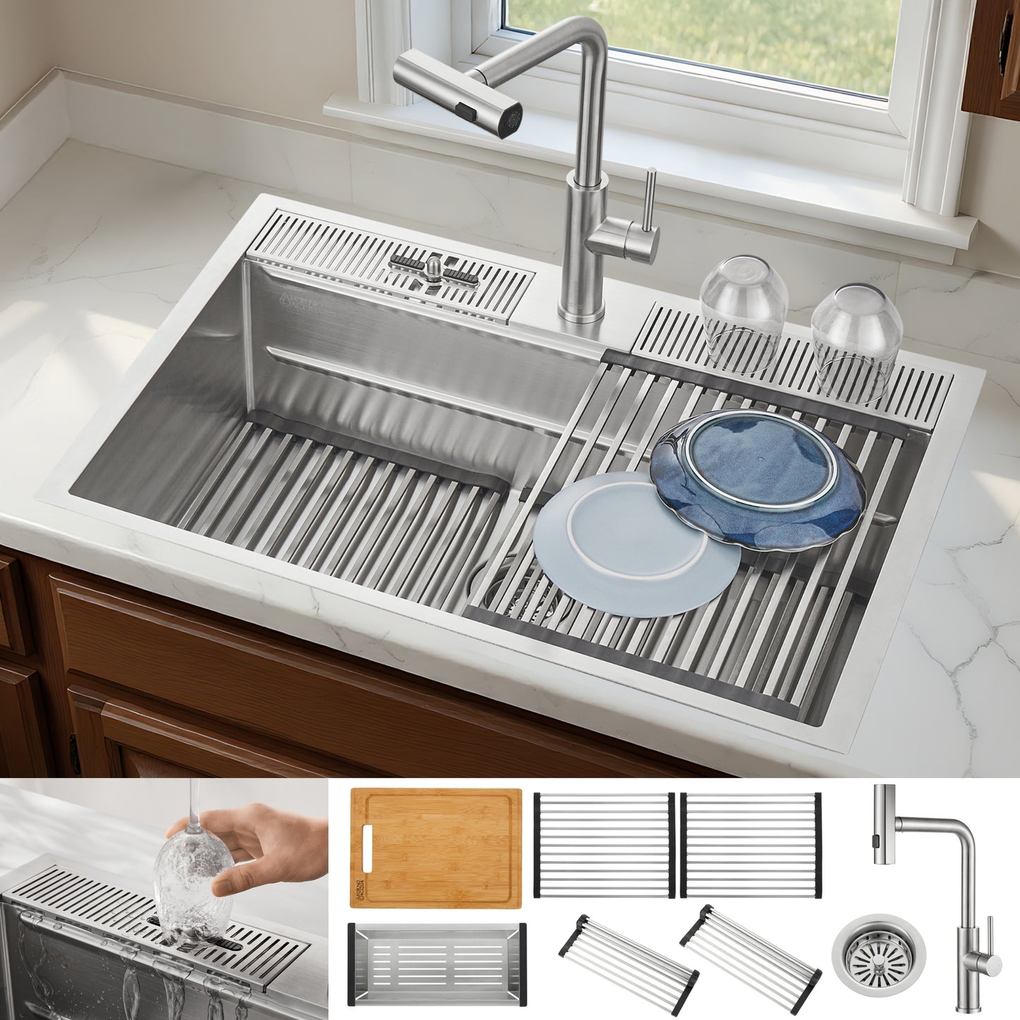 FORNO ACQUA 33 in. Drop-In/Undermount 3-Level Workstation Sink with Waterfall Faucet & Glass Rinser - Forno Appliances