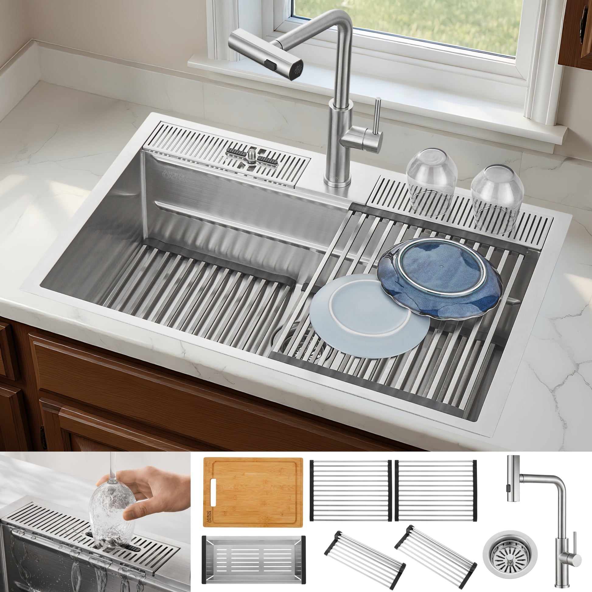 FORNO ACQUA 33 in. Drop-In/Undermount 3-Level Workstation Sink with Waterfall Faucet & Glass Rinser - Forno Appliances