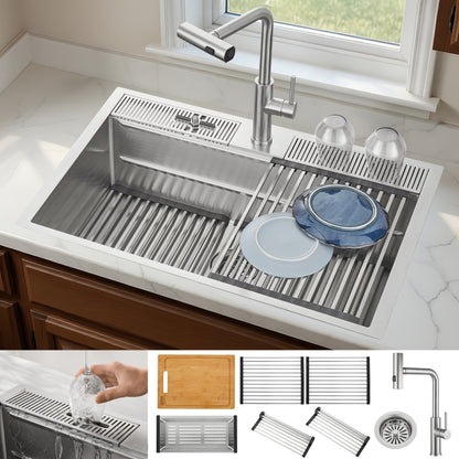 FORNO ACQUA 33 in. Drop-In/Undermount 3-Level Workstation Sink with Waterfall Faucet & Glass Rinser - Forno Appliances