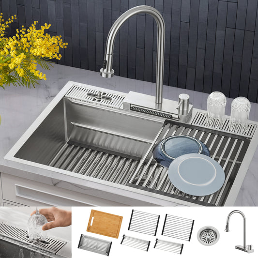 FORNO ACQUA 33 in. Drop-In/Undermount MultiSINK Workstation Sink with Waterfall Faucet & Glass Rinser - Forno Appliances