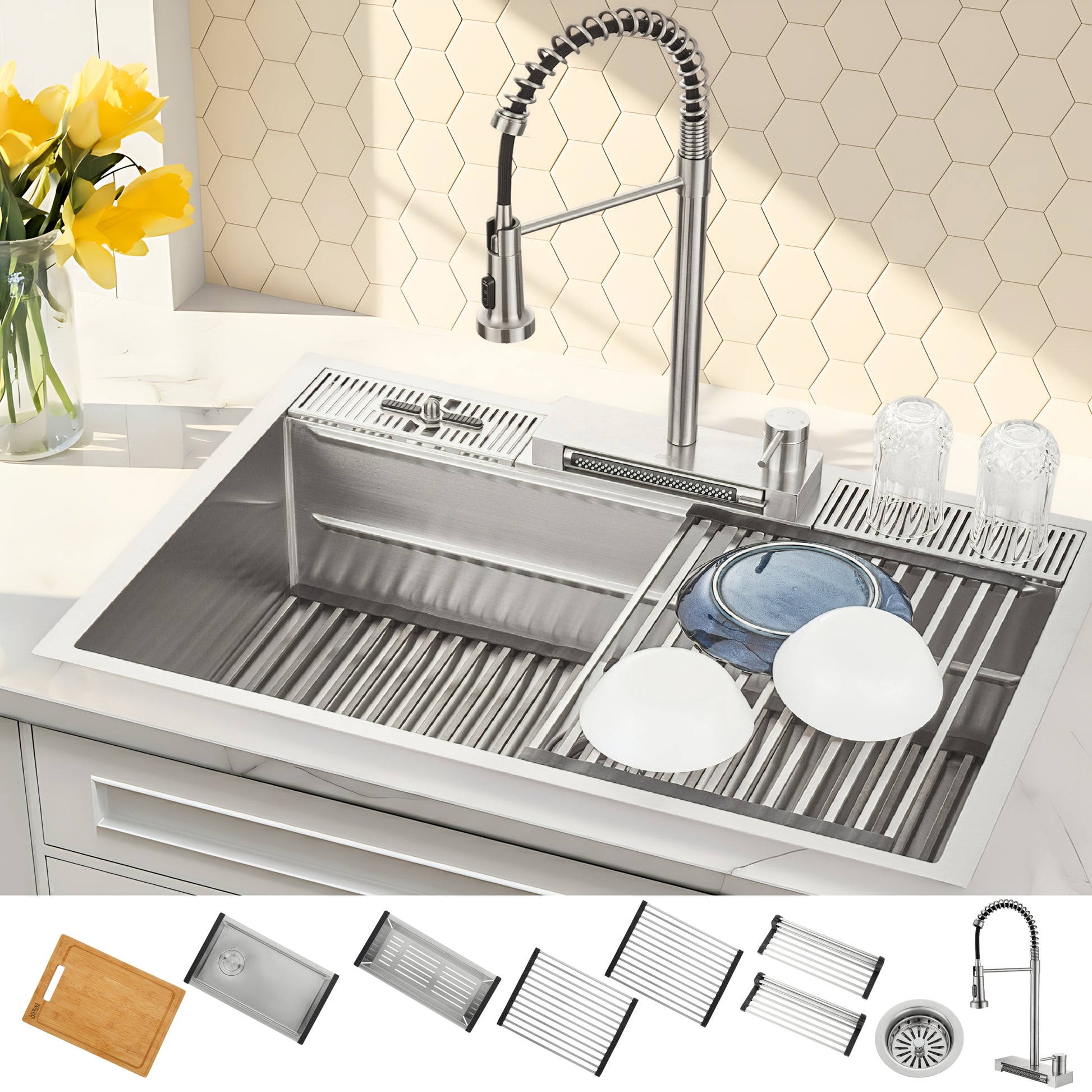 FORNO ACQUA 33 in. Drop-In/Undermount 3-Level MultiSINK Workstation Sink with Waterfall Faucet & Glass Rinser - Forno Appliances