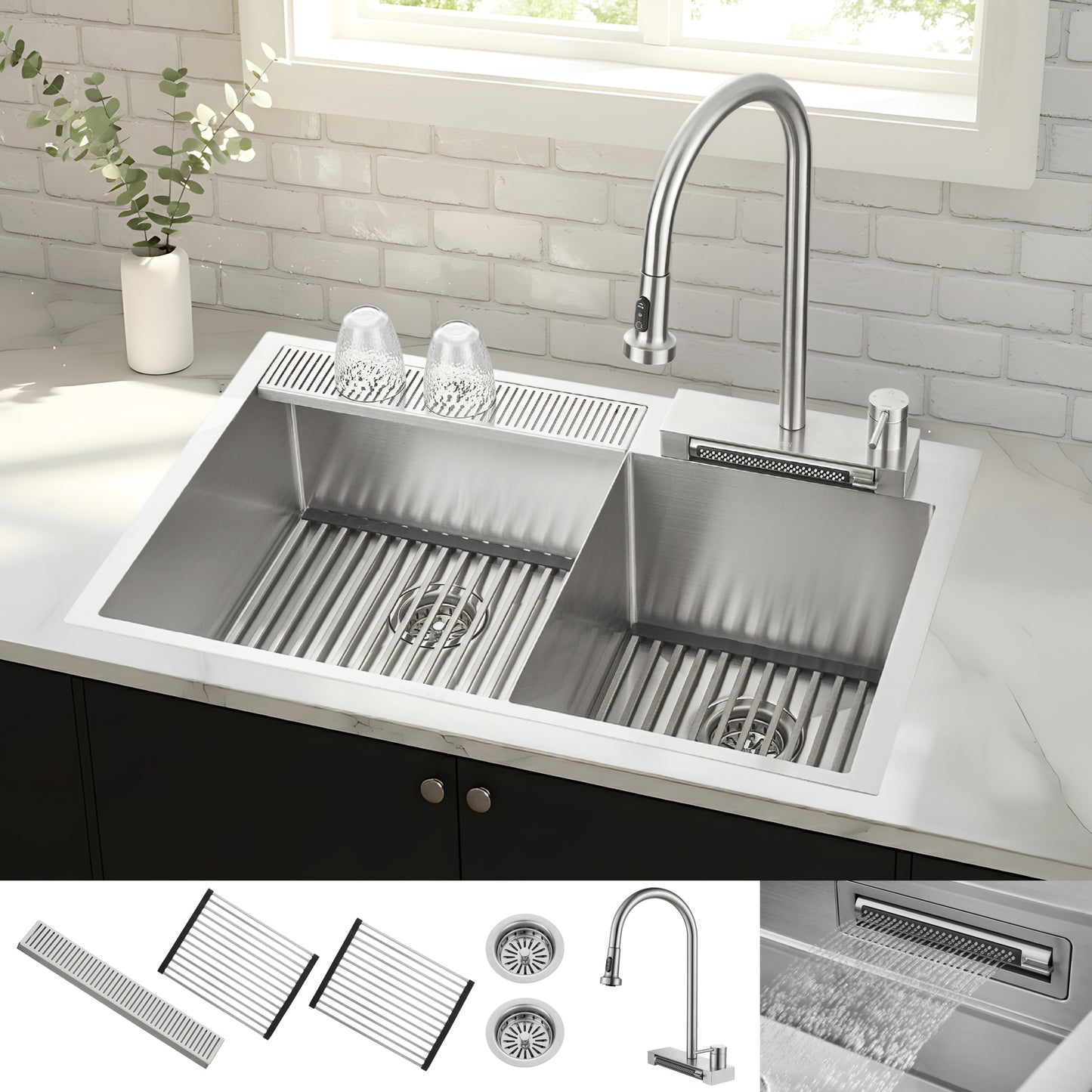 FORNO ACQUA 33 in. Drop-In/Undermount 40/60 Double Bowl Stainless Steel Sink with Waterfall Faucet - Forno Appliances