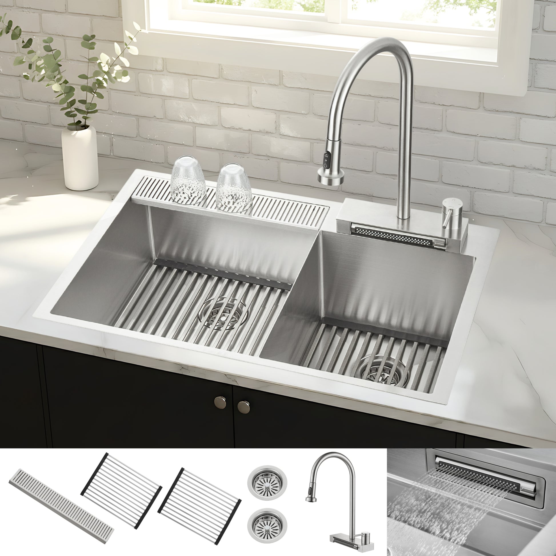 FORNO ACQUA 33 in. Drop-In/Undermount 40/60 Double Bowl Stainless Steel Sink with Waterfall Faucet - Forno Appliances