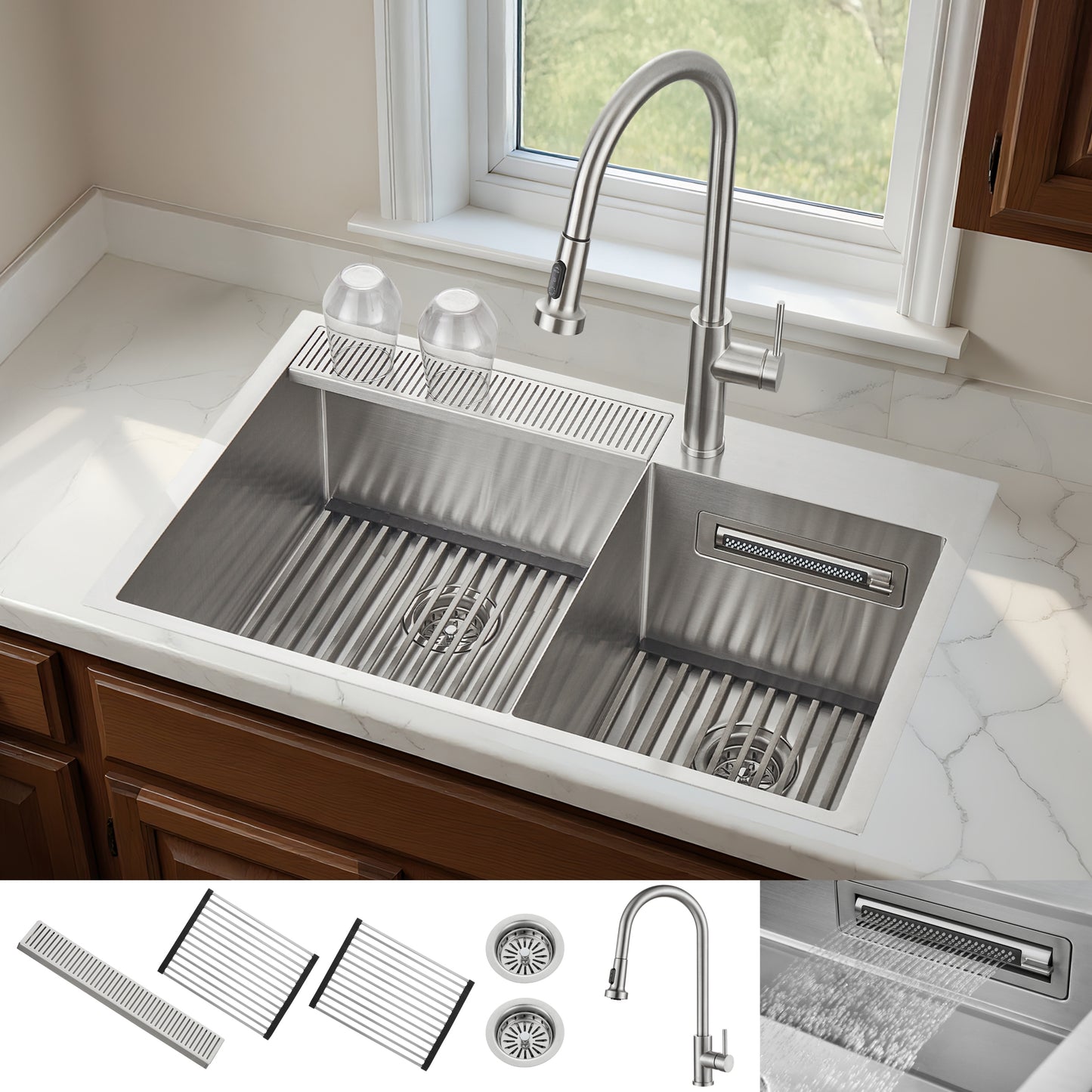 FORNO ACQUA 33 in. Drop-In/Undermount 40/60 Double Bowl Sink with Retractable Faucet & Waterfall - Forno Appliances