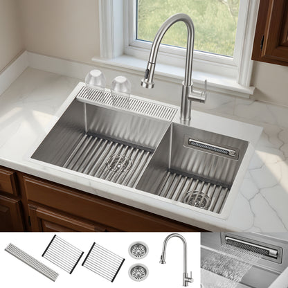 FORNO ACQUA 33 in. Drop-In/Undermount 40/60 Double Bowl Sink with Retractable Faucet & Waterfall - Forno Appliances