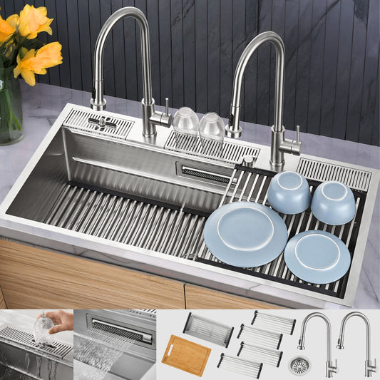FORNO ACQUA 45 in. Drop-In/Undermount 3-Level Workstation Sink with Two Faucets & Glass Rinser - Forno Appliances