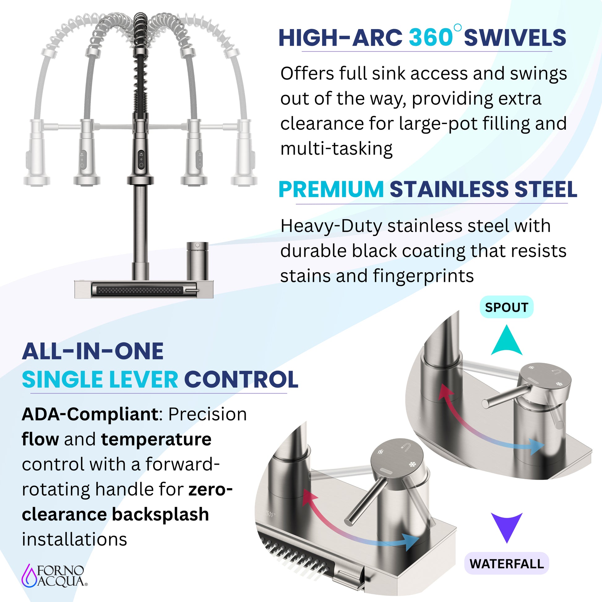 FORNO ACQUA 4 function pull-Down Waterfall Kitchen Faucet - Forno Appliances