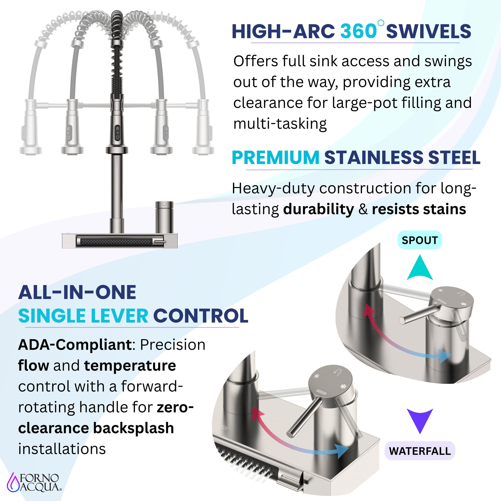 FORNO ACQUA 4 Function  Pull-Down Waterfall Kitchen Faucet - Forno Appliances