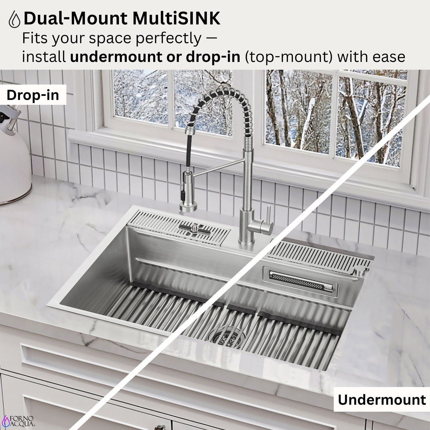 FORNO ACQUA 33 in. Drop-In/Undermount 50/50 Double Bowl Stainless Steel Sink with Faucet & Waterfall