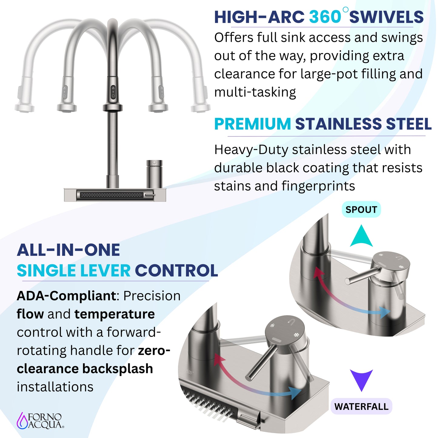 FORNO ACQUA 4 Function Waterfall  Pull-Down Kitchen Faucet - Forno Appliances