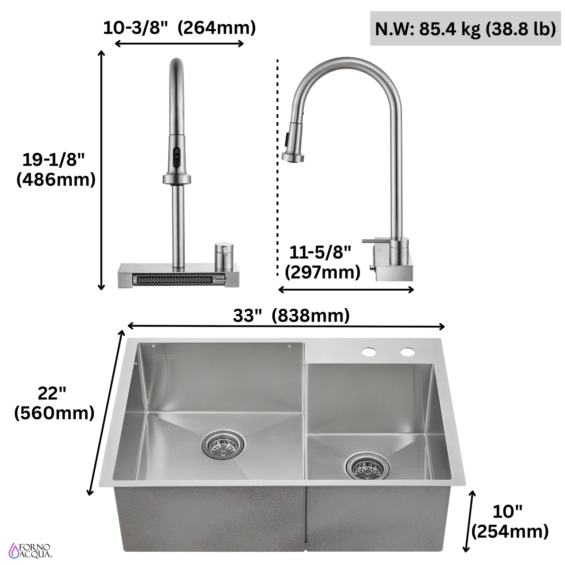 FORNO ACQUA 33 in. Drop-In/Undermount 40/60 Double Bowl Stainless Steel Sink with Waterfall Faucet - Forno Appliances