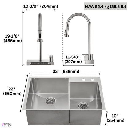 FORNO ACQUA 33 in. Drop-In/Undermount 40/60 Double Bowl Stainless Steel Sink with Waterfall Faucet - Forno Appliances
