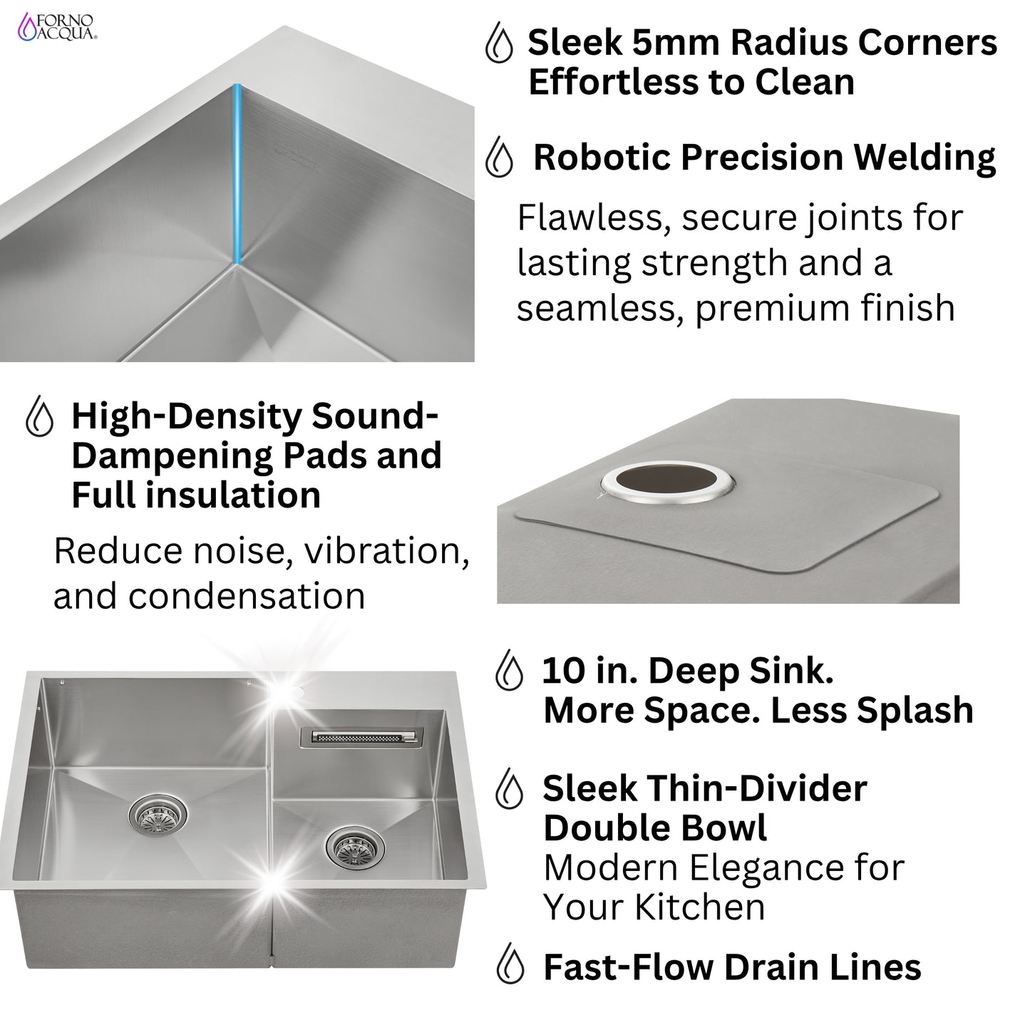 FORNO ACQUA 33 in. Drop-In/Undermount 40/60 Double Bowl Sink with Retractable Faucet & Waterfall - Forno Appliances