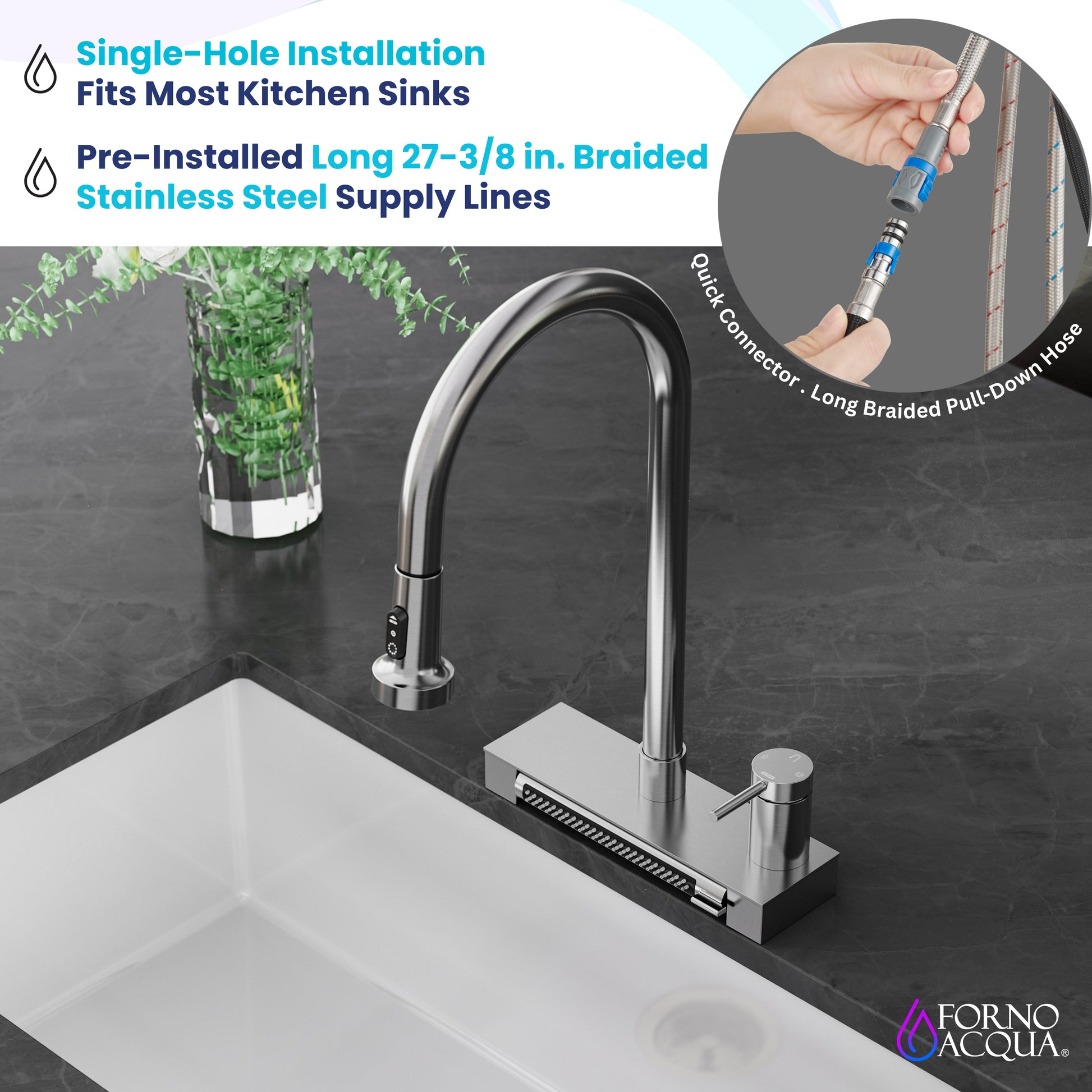 FORNO ACQUA 4 Function Waterfall  Pull-Down Kitchen Faucet - Forno Appliances