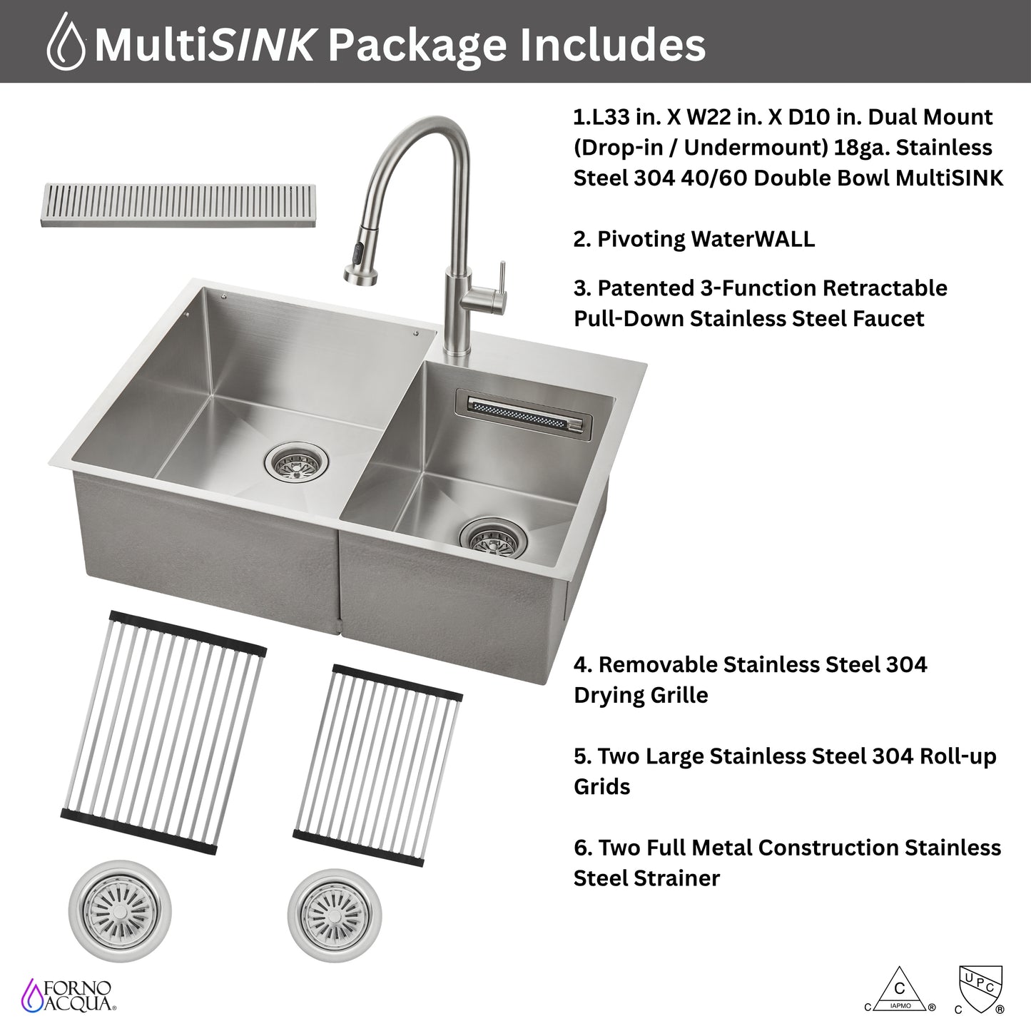 FORNO ACQUA 33 in. Drop-In/Undermount 40/60 Double Bowl Sink with Retractable Faucet & Waterfall - Forno Appliances