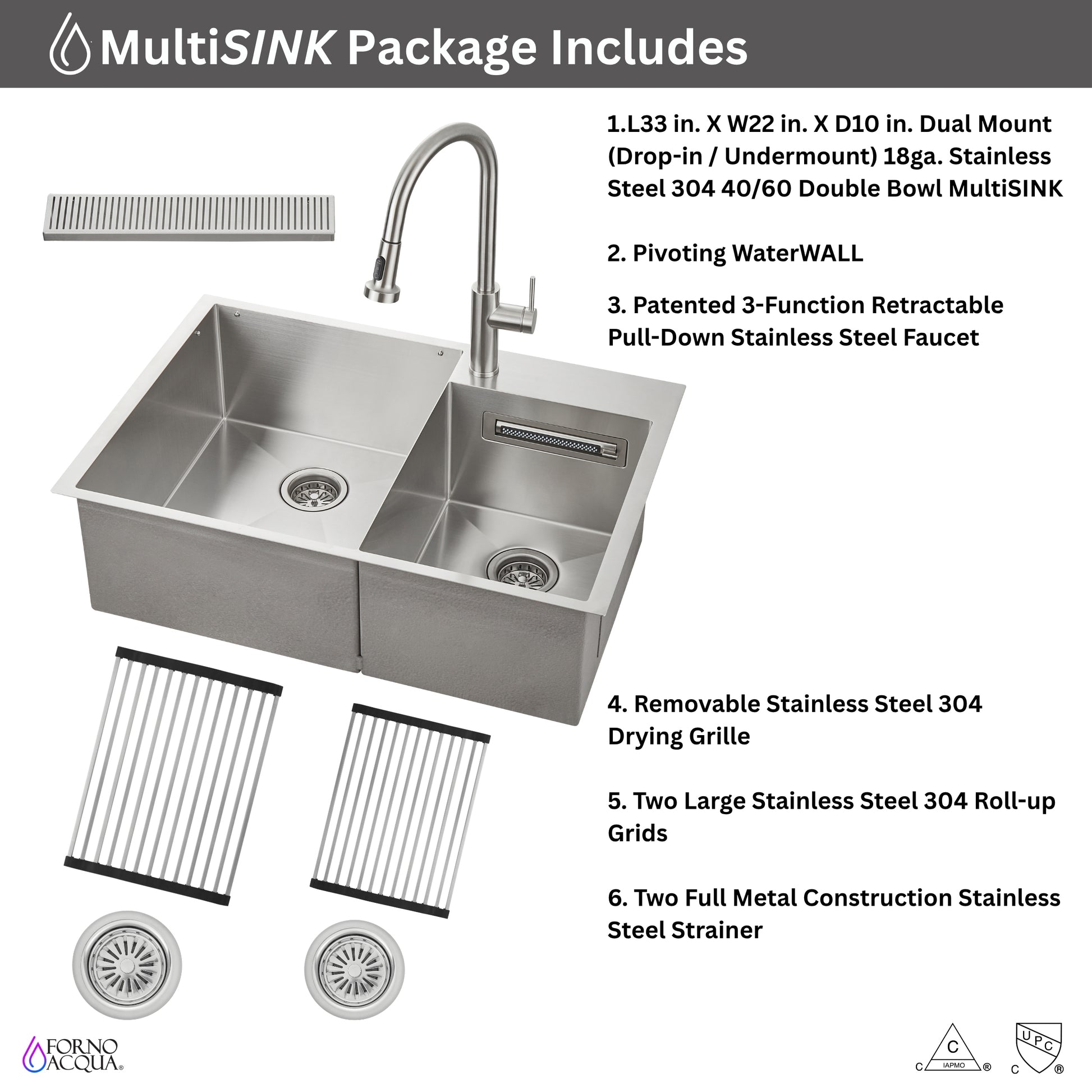 FORNO ACQUA 33 in. Drop-In/Undermount 40/60 Double Bowl Sink with Retractable Faucet & Waterfall - Forno Appliances