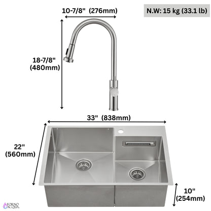 FORNO ACQUA 33 in. Drop-In/Undermount 40/60 Double Bowl Sink with Retractable Faucet & Waterfall - Forno Appliances