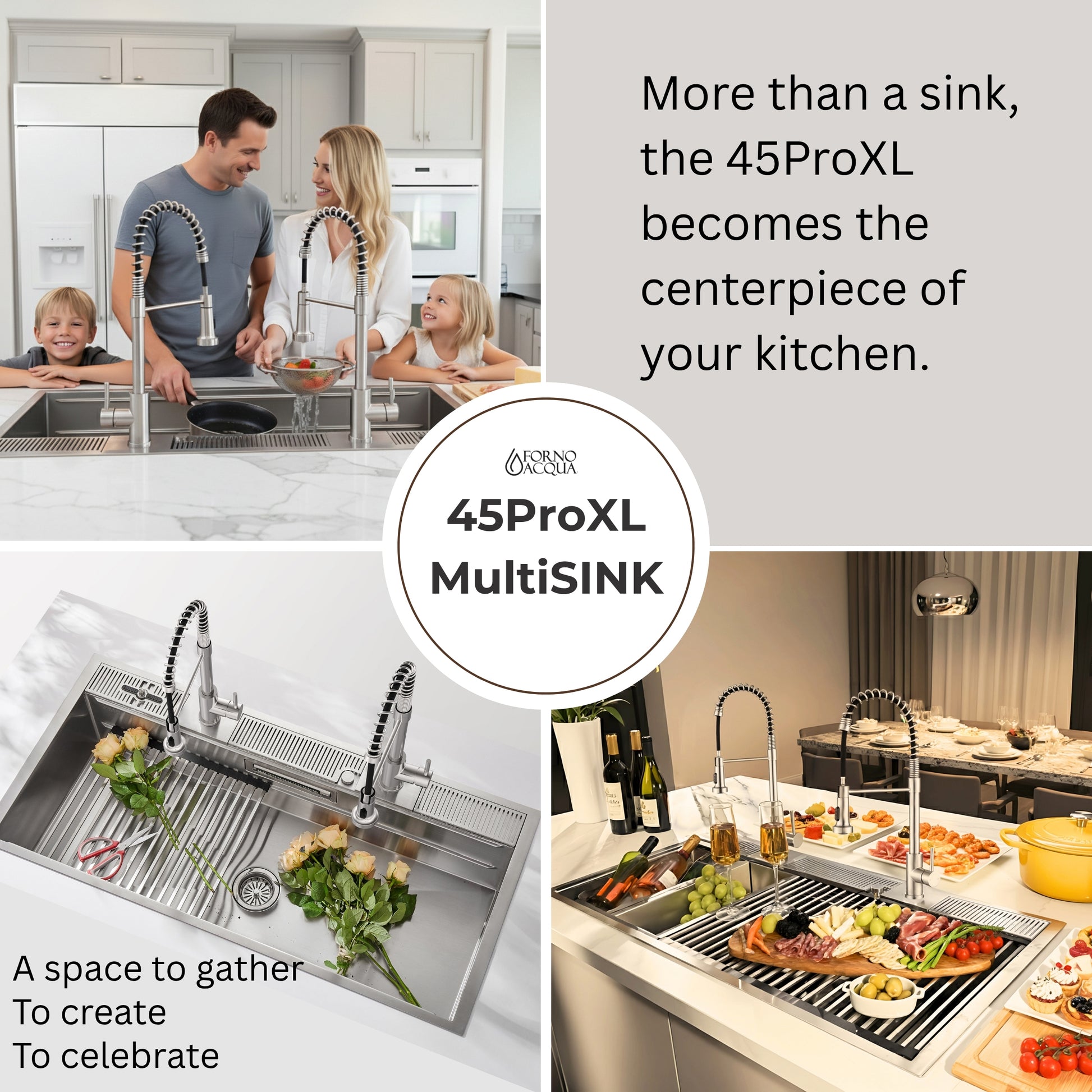FORNO ACQUA 45 in. Drop-In/Undermount 3-Level Workstation Sink with Two Faucets & Glass Rinser - Forno Appliances