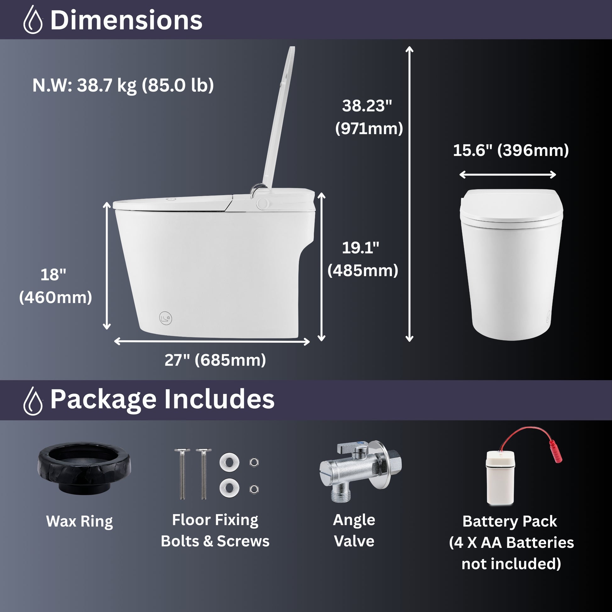 FORNO ACQUA Luxurious Smart Toilet. Includes Auto Flush, Powerful Flush, sleek tankless design Ideal for Powder Rooms. - Forno Appliances